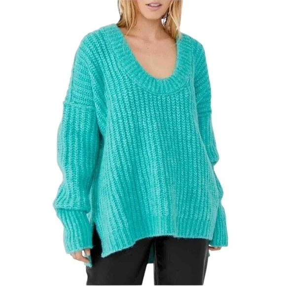 Free People slouchy sweater Knitted Blue Bell V Neck Pullover medium oversized - Picture 9 of 16